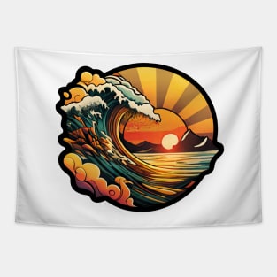 Wave curling at sunset in vintage colors Tapestry