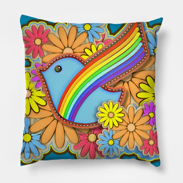 Hippie Flower Power Rainbow Dove Pillow by AlondraHanley