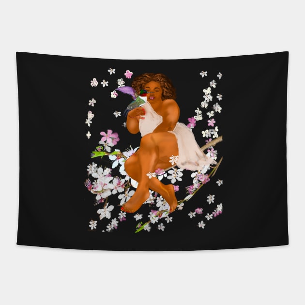 Curvy lady Mother Nature s bounty - Curvy body positive plus size woman with Humming bird  and the First cherry blossoms of spring delicate white  and pink flowers  Flora and fauna foliage Tapestry by Artonmytee