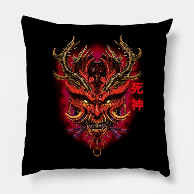 Red and Gold Cyber Oni Pillow by WOVENPIXLS