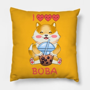 I Love Bubble Tea, Shiba Inu Drinking Bubble Tea, funny Japanese Sticker Pillow