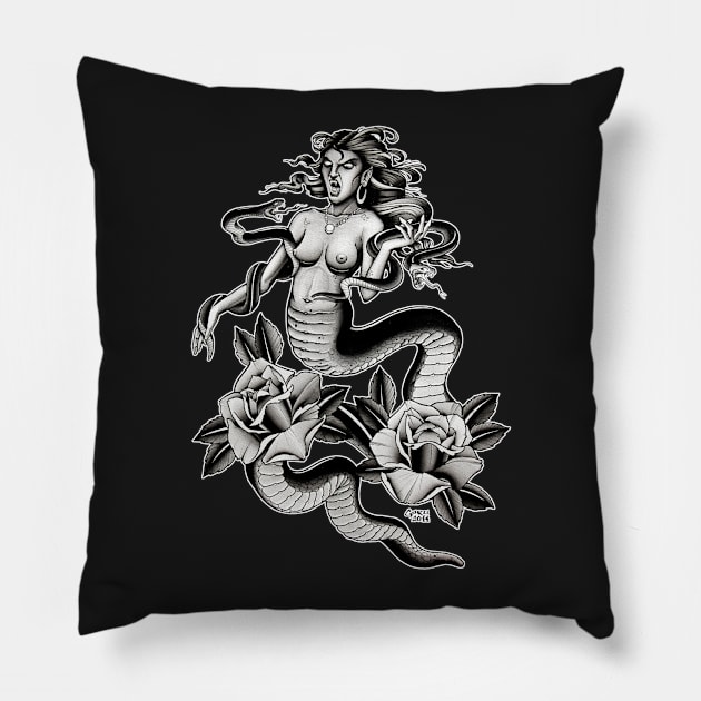 Tattoo - Naga Half Snake-Half Woman Pillow by Guru