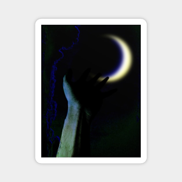 Digital collage and special processing. Hand pointing to the moon. Very beautiful. Blue and green. Magnet by 234TeeUser234