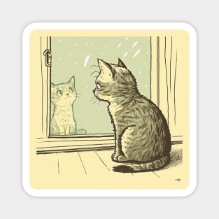 Illustration of cat looking at kitty in window Magnet