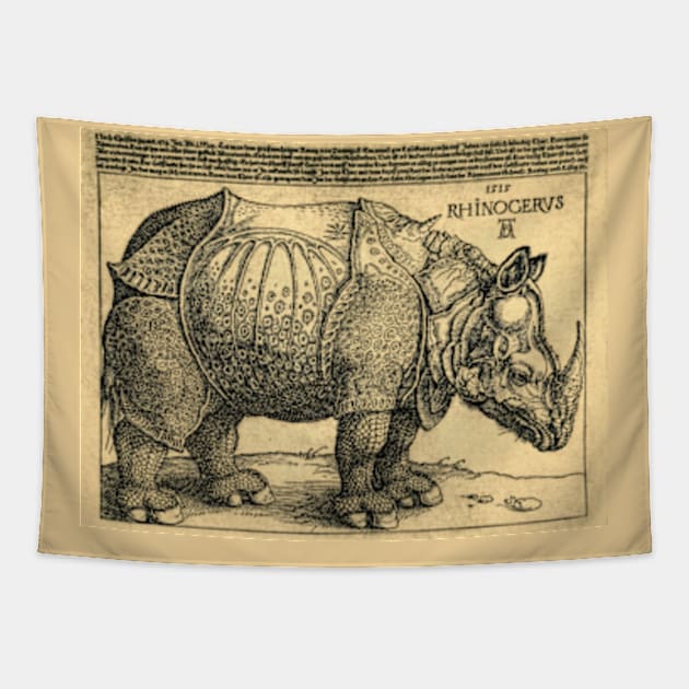 Durer Rhinoceros antique grunge style Tapestry by Mokoosh