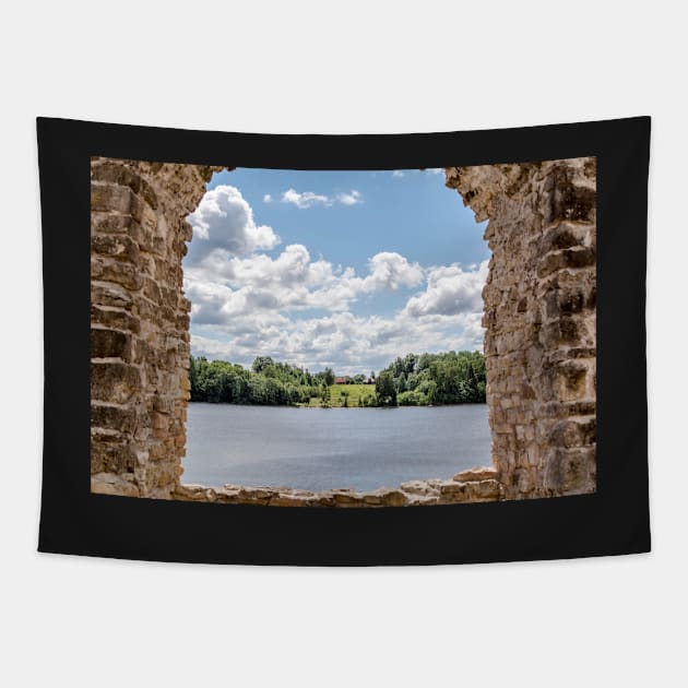 View to the river through ruins of Koknese Castle Tapestry by lena-maximova