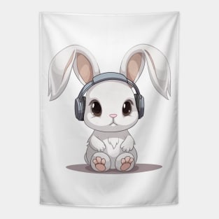 Baby Bunny Rabbit wearing headphones, Cute, Kawaii Tapestry