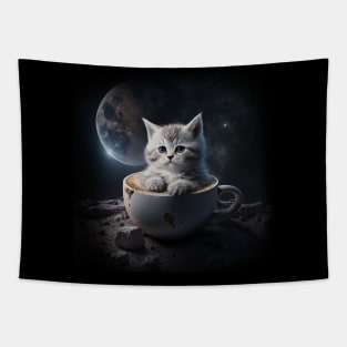 Kitten Cat in the Coffee Mug Space & Galaxy Theme Stars Tapestry