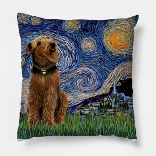 Happy Airedale in Adaptation of Van Gogh's Starry Night Pillow