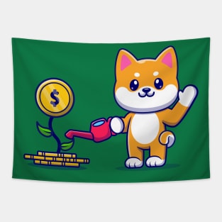 Cute Shiba Inu Dog Watering Money Plant Cartoon Tapestry