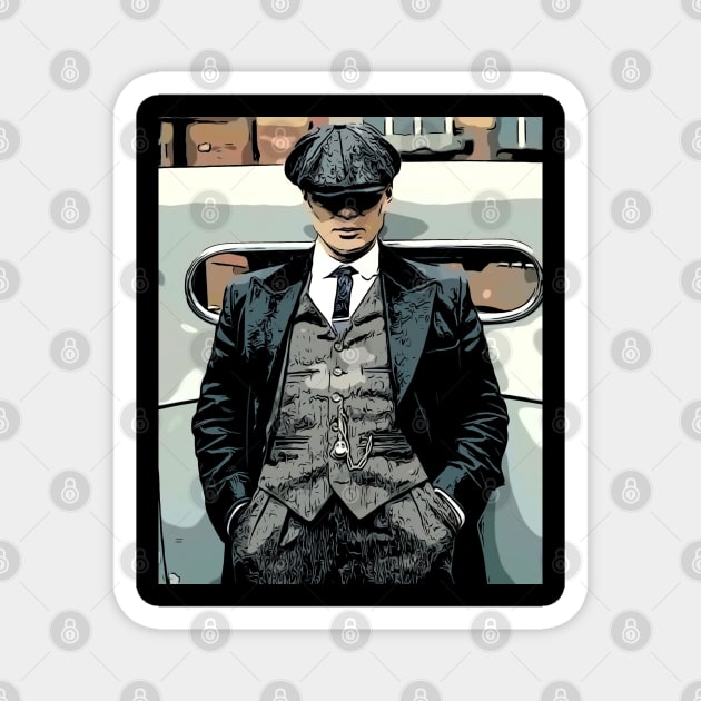 well shelved, thomas shelby leans against a car with his hands in his pants and hat pulled deep into his face as abstract art (vers. 3) Magnet by ComicPrint