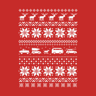 Red and White Christmas Sweater Pattern with Reindeer and Cars T-Shirt