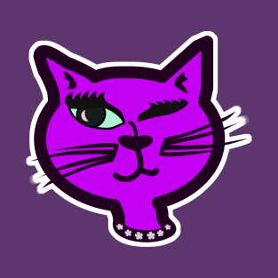 Fun Purple Winking Cat Nostalgia Design T-Shirt