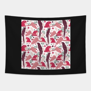 Ara Parrot Tropical Leaves Pattern Red and Pink Tapestry