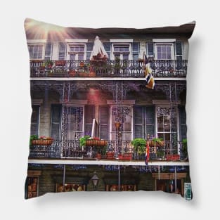 Sunny New Orleans French Quarter Nola Home with Iconic Blue Gray Architecture and Botanical Greenery in Southern Louisiana Pillow