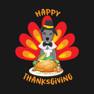 Happy Thanksgiving Blue Nose Pitbull Puppy Pilgrim Turkey T-Shirt
