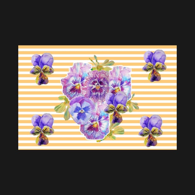 Shabby Chic Purple Pansy Watercolor Yellow Stripe by SarahRajkotwala