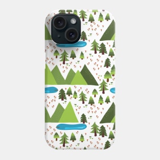 Mountain forest with lots of trees, flower meadow, and lakes on a white background. Phone Case