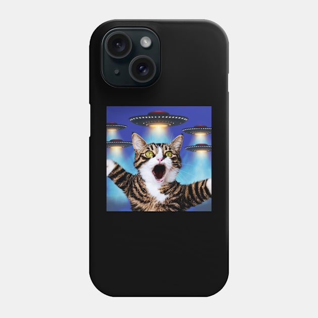 Selfie of Funny Cat And Aliens UFOs 3 Phone Case by Megadorim