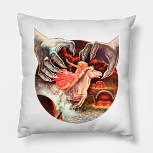 giant hands and girl on a white horse retro vintage comic Pillow
