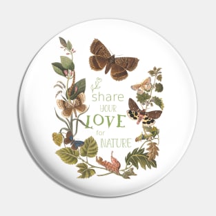 Forest Plants and Butterflies Nature illustration with Love Text Pin