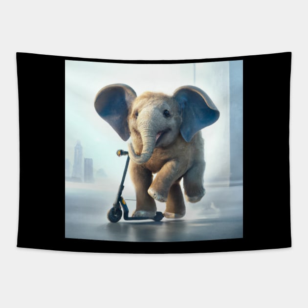 Elephant on a Kick Scooter Tapestry by yellowveggiez