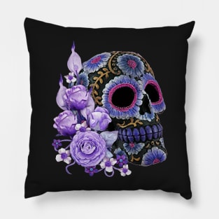 Purple Floral Black Sugar Skull Day Of The Dead Pillow