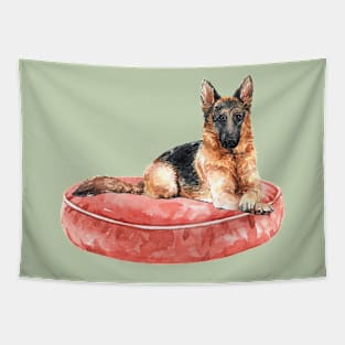 German Shepherd Dog & His Red Bed Tapestry