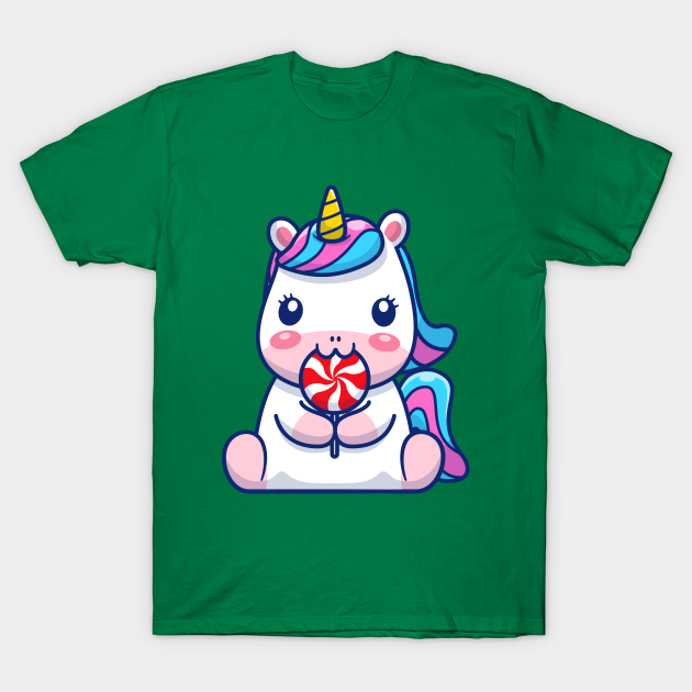 Cute Unicorn Eating Lollipop Cartoon - Unicorn - T-Shirt