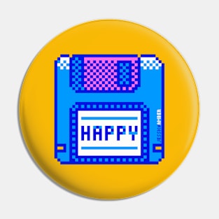 Happy Geek Blue Retro Floppy Disk Pixel Art Pin