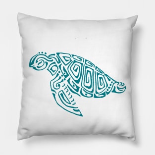 Dark turquoise turtle tattoo style gray background Pillow