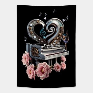 Steampunk piano with heart Tapestry