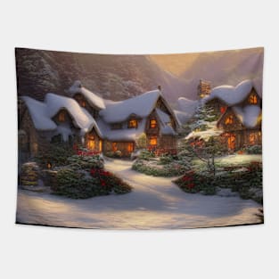 Magical Fantasy House with Lights in a Snowy Scene, Fantasy Cottagecore artwork Tapestry