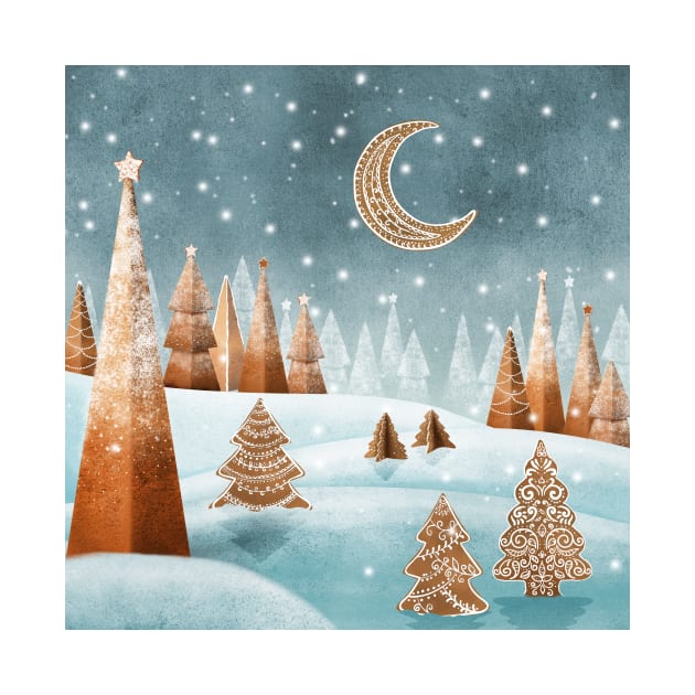 Gingerbread trees snow landscape watercolor illustration. Winter candy world fantasy print. Cookies spruce trees and moon. Sweet Christmas decorations by likapix