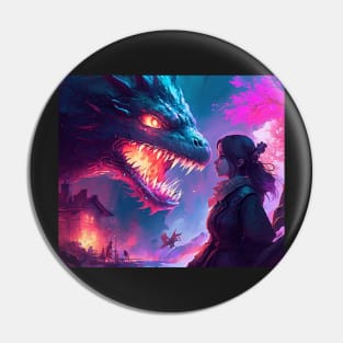 Cute Girl  faces a big dragon like game of thrones television serie - smoke and fire Pin