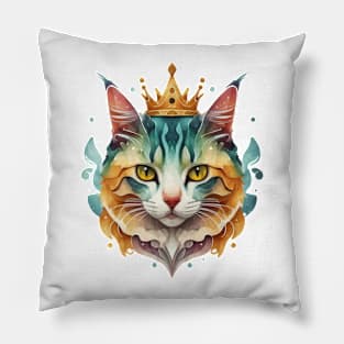 Cat head portrait with crown watercolor Pillow