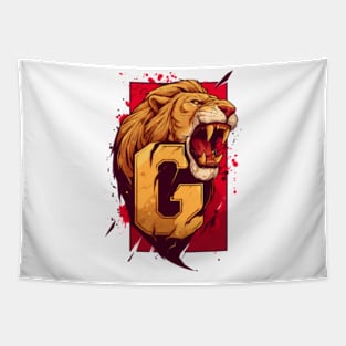 Roaring Lion and the Letter G - Red Backdrop - Fantasy Tapestry