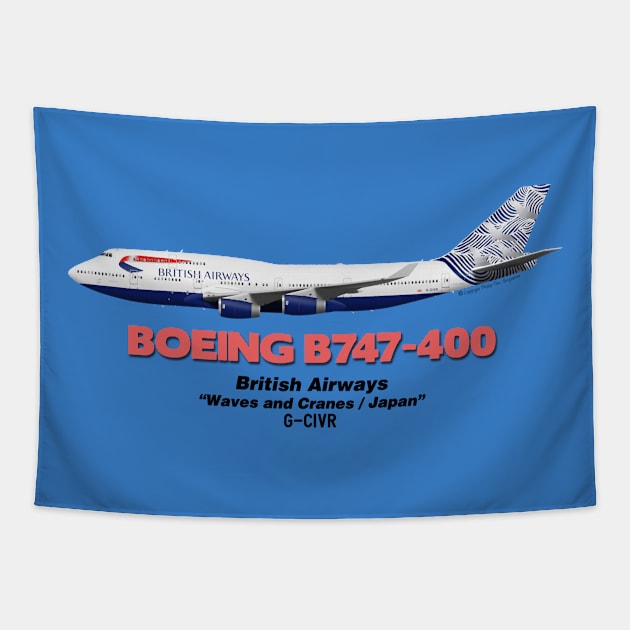 Boeing B747-400 - British Airways "Waves and Cranes / Japan" Tapestry by TheArtofFlying