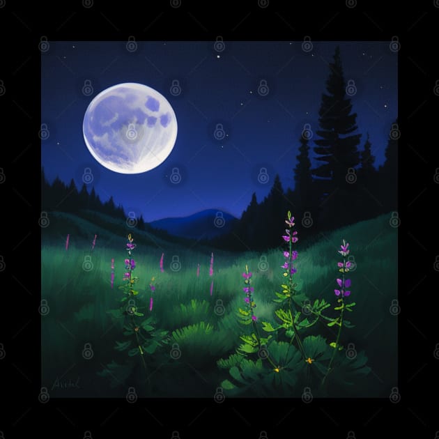 Lupines blooming at night - Purple flowers under a full moon by CursedContent