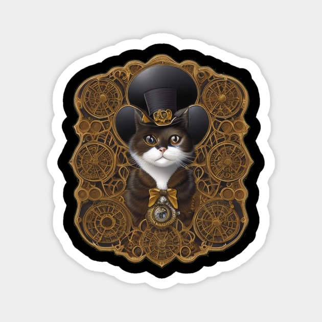 Steampunk Cat in a Top Hat with Gear-filled Background Magnet by ImaginativeInkPOD