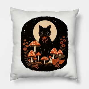 Black Cat with Mushrooms Pillow