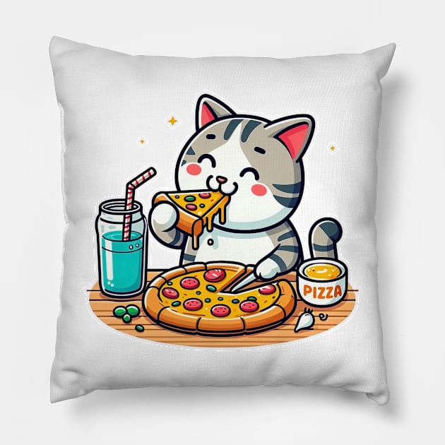 cute cat fat eating pizza, cartoon illustration isolated on white background Pillow by art poo