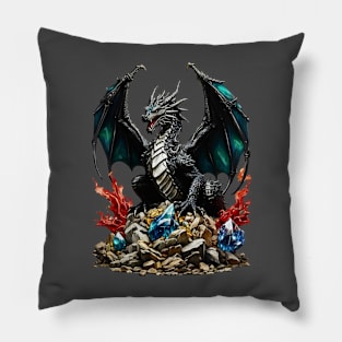 Black Dragon protecting his gems treasure Pillow