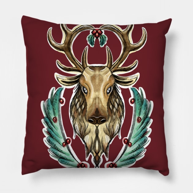 Elegant and Festive Christmas Reindeer Watercolor Pillow by narwhalwall