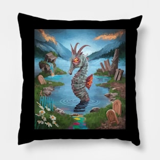 watercolor zombie seahorse in lake with horns Pillow