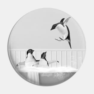 Penguins having fun in bathtub black and white Pin