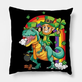 Leprechaun Riding T-Rex Dinosaur St Patricks Day Pillow