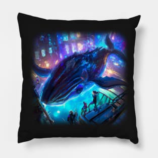 Whale floating in the city Pillow