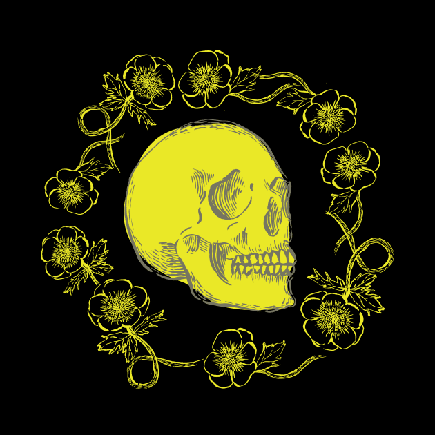 Skulls and Anemones Neon Yellow Bright by Cecilia Mok