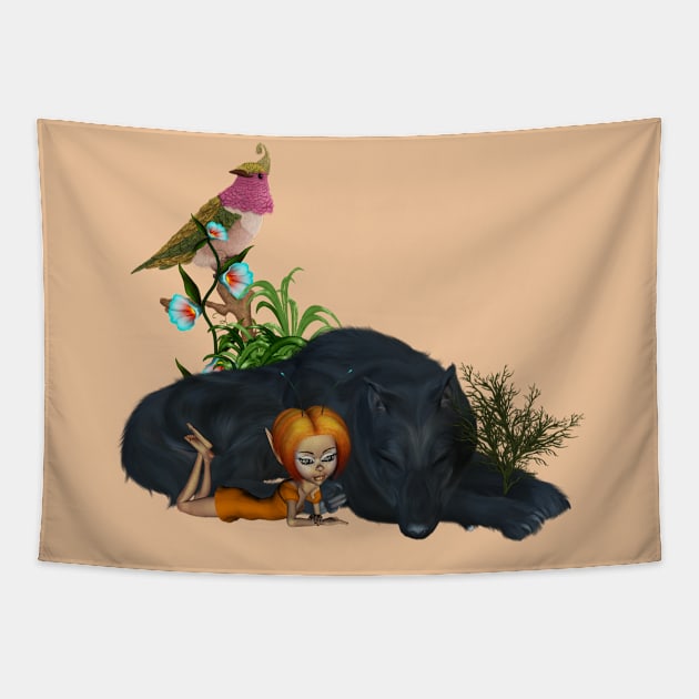 Little fairy with awesome black wolf Tapestry by Nicky2342